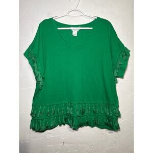For the republic fringe tassled kelly green t shirt womens 1X boho chic nautical